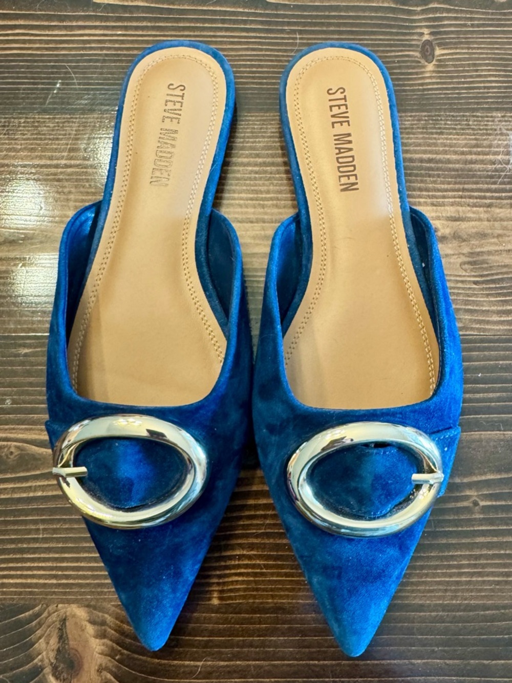 Steve Madden Ira Blue Suede‎ Pointed Mules with Gold Buckle EUC Size 8.5